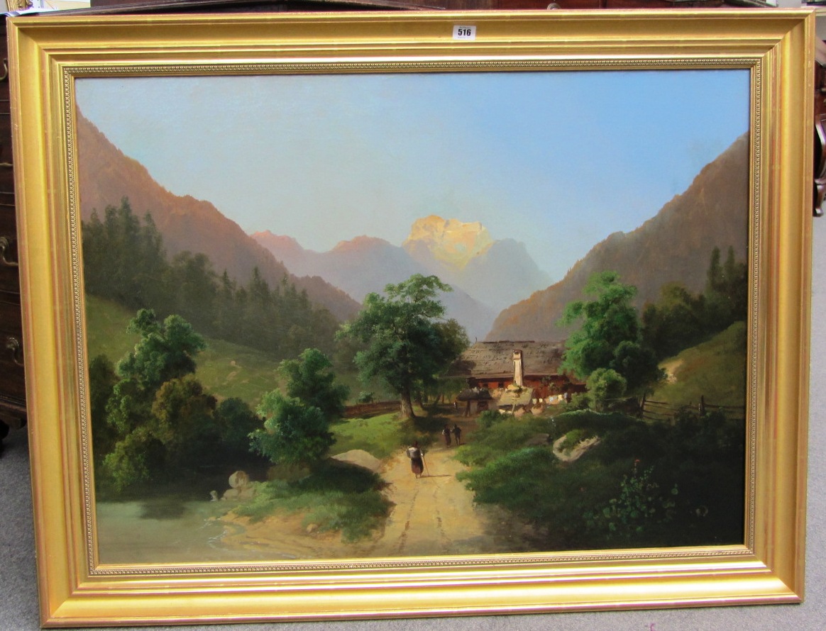 Appraisal: Theodore Ehrmanns - Travelers near a cottage in an Alpine