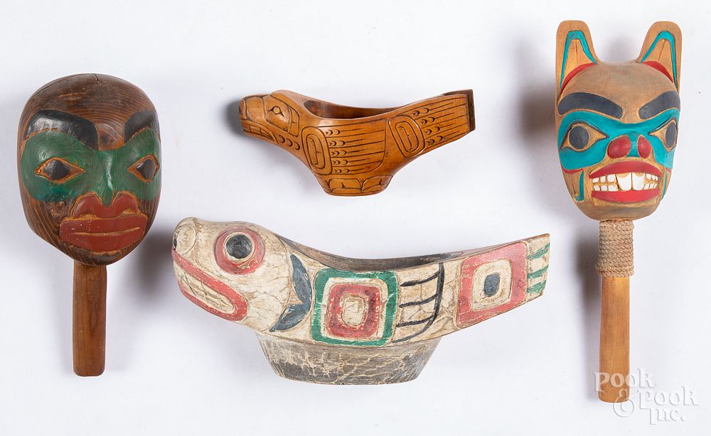 Appraisal: Northwest coast Indian carved and painted rattles Two northwest coast