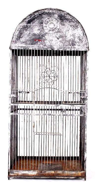 Appraisal: Antique Large Wire And Pressed Steel Bird Cage For your