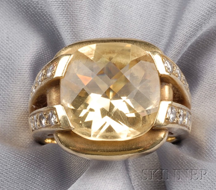 Appraisal: kt Gold Citrine and Diamond Ring centering a fancy cushion-cut