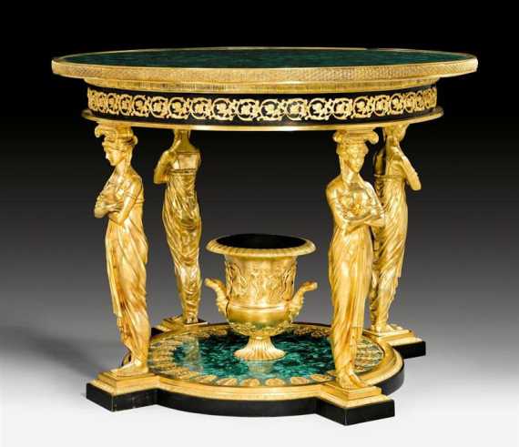 Appraisal: ROUND MALACHITE CENTER TABLE AUX CARIATIDES Empire style after the