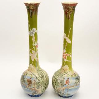 Appraisal: Pair of th Century Satsuma Japanese Handpainted Earthenware Long Neck