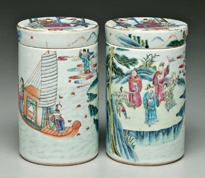 Appraisal: Pair famille rose lidded jars cylindrical mirrored images court officials