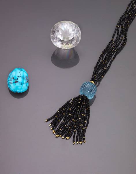 Appraisal: Black Spinel and Aquamarine Sautoir Designed as a four-strand sautoir