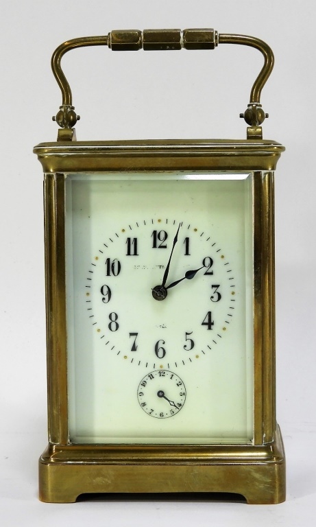 Appraisal: C FRENCH BRASS CRYSTAL CARRIAGE CLOCK France th CenturyEnameled Arabic