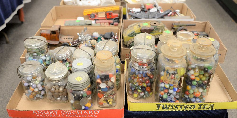 Appraisal: Two tray lots of jars of various marbles in medical