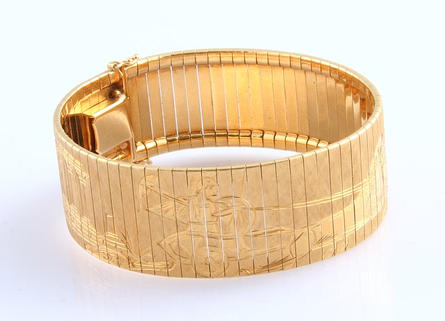 Appraisal: KY Long flexible bangle mm Wide Engraved with Roman scene