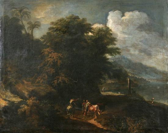 Appraisal: SCHOOL OF NICHOLAS POUSSIN French - CLASSICAL LANDSCAPE WITH FIGURES