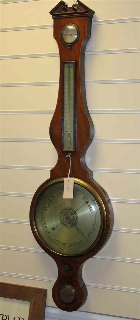 Appraisal: A Regency strung mahogany wheel barometer with hygrometer thermometer scale