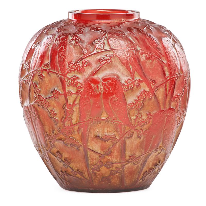 Appraisal: LALIQUE Perruches vase red glass Condition Report Some losses and