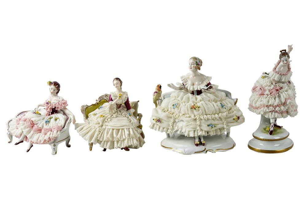 Appraisal: FOUR CONTINENTAL LACE PORCELAIN FIGUREScomprising four women in lace dresses