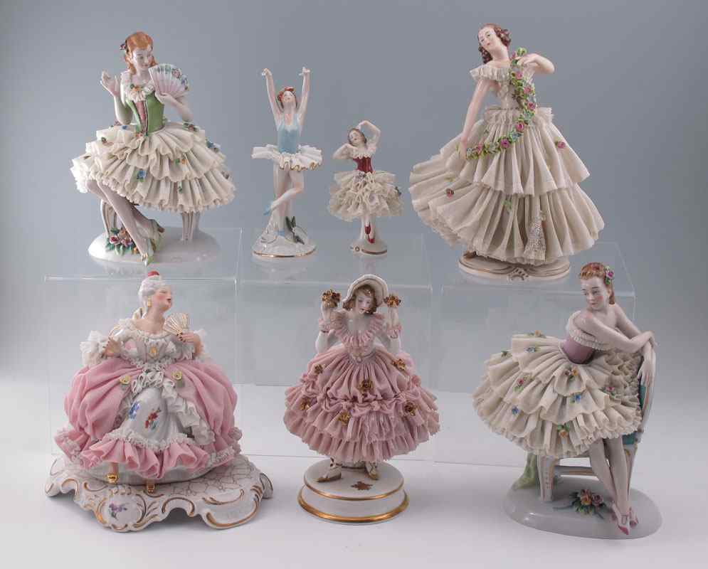 Appraisal: GROUP OF GERMAN LACY FIGURINES Sitzendorf Dresden Muller The tallest