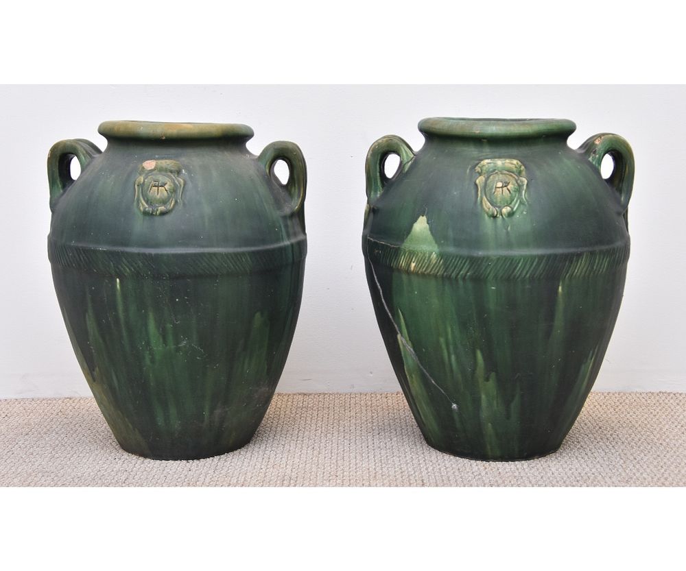 Appraisal: Massive Pair of Green Glazed Pottery Urns Massive pair of