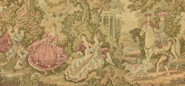 Appraisal: Framed French machine-woven cotton jacquard tapestry th c Rococo-inspired pastoral