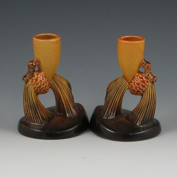 Appraisal: Pair of Roseville brown Pine Cone candleholders Marked Roseville USA