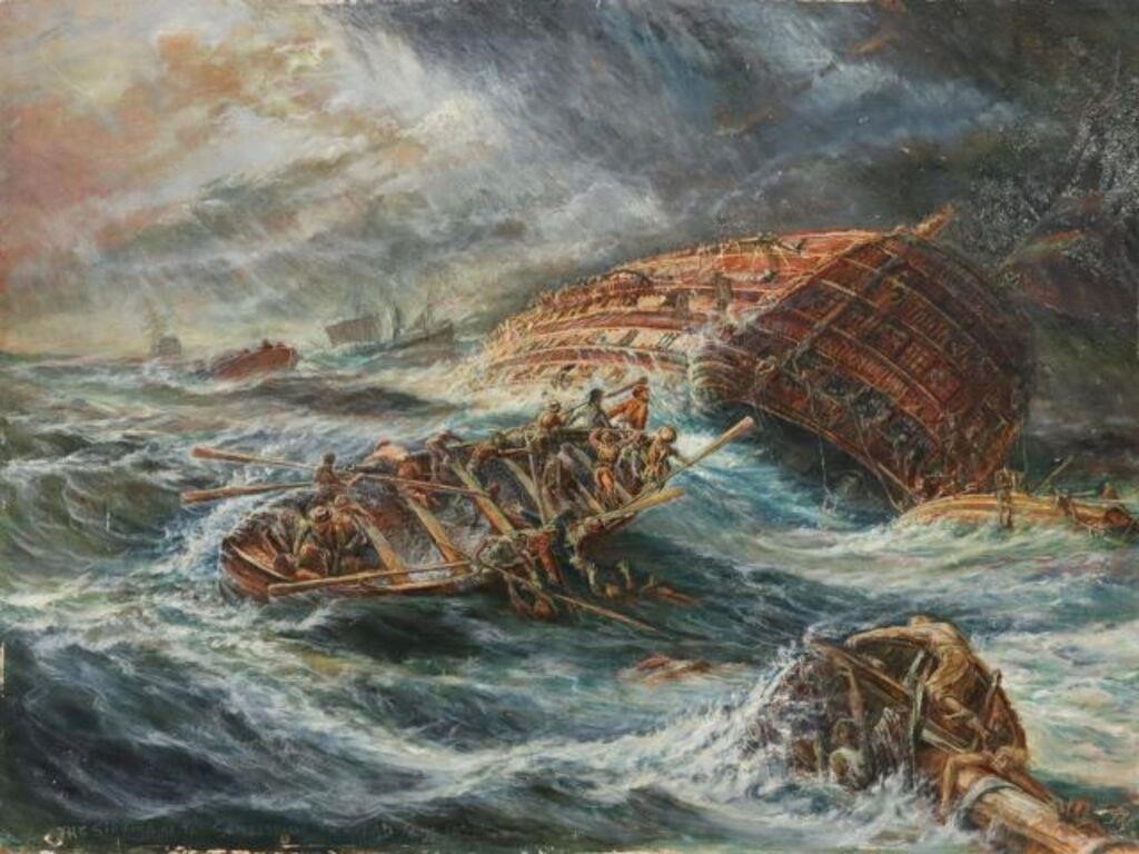 Appraisal: Unframed oil on Masonite painting The Sinking of the Santissima