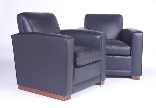 Appraisal: ART DECO Pair of club chairs upholstered in black leather