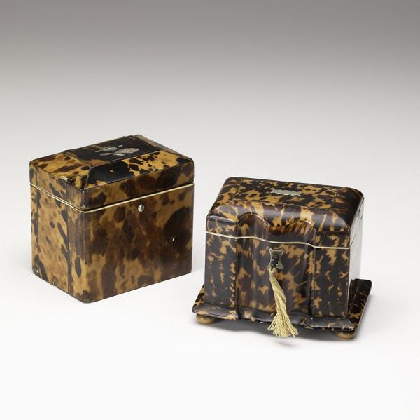 Appraisal: TWO ENGLISH TORTOISESHELL TEA CADDIES th C Larger x x