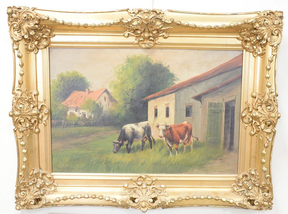 Appraisal: Lamereux th Century Country Farm with Two Cows oil on