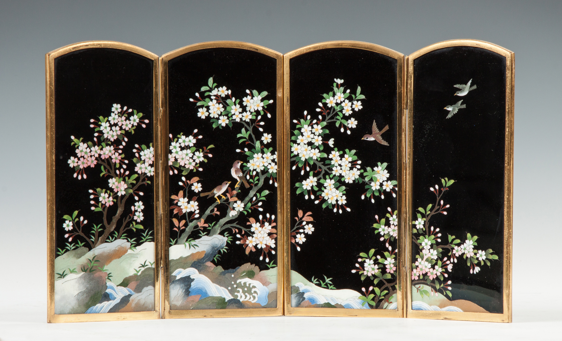 Appraisal: Japanese Cloisonn Table Screen th cent Sgn Landscape with flowers