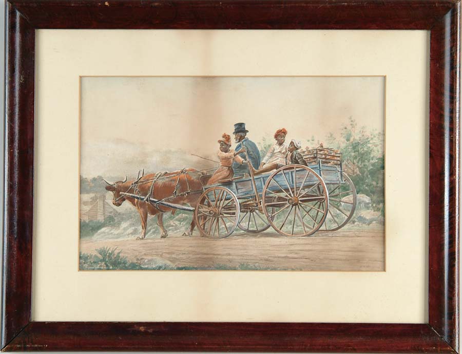 Appraisal: OX-DRAWN WAGON LITHO Illustration of black family in their ox-drawn