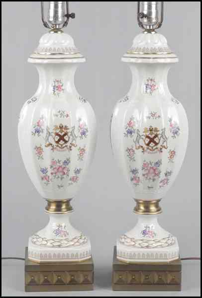 Appraisal: PAIR OF GILT AND PAINTED PORCELAIN TABLE LAMPS Porcelain height