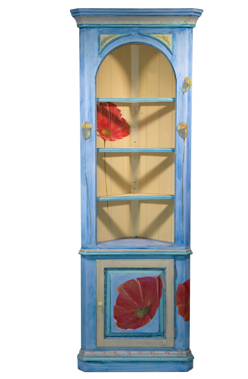 Appraisal: CONTEMPORARY PAINTED PINE FOLK ART DIMINUTIVE CORNER CUPBOARD Open Cupboard