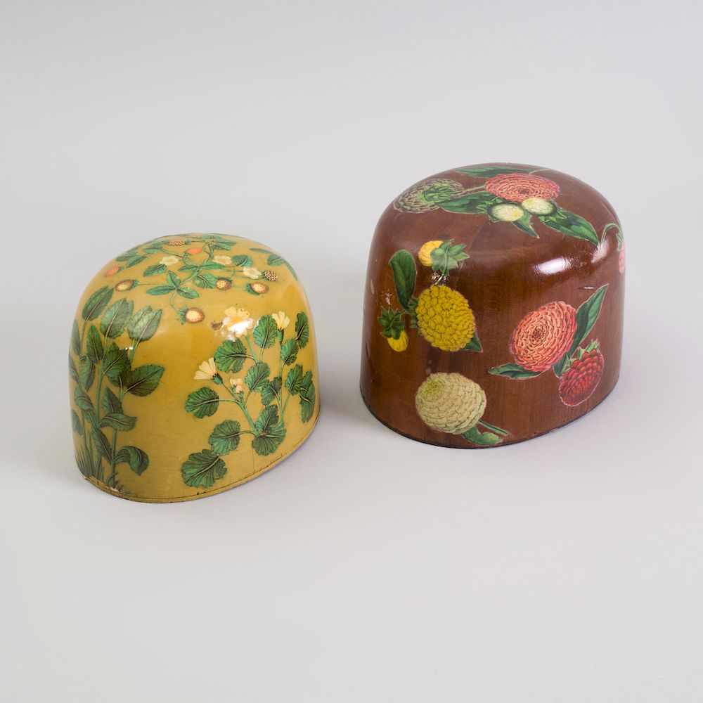 Appraisal: Two Painted and Decoupaged Hat Molds Each of typical form