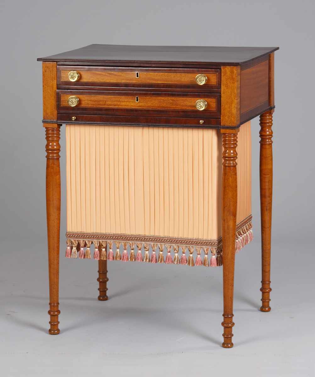 Appraisal: New England Curly Maple Inlaid Mahogany Sewing Stand Old refinish