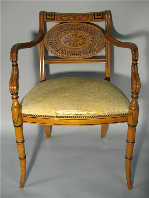 Appraisal: LAMMERT'S FURNITURE REGENCY STYLE ARMCHAIR the painted crestrail above oval