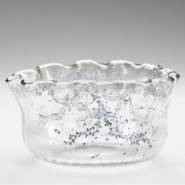 Appraisal: EMILE GALLE Clear glass scalloped bowl enamel-painted with dragonflies wild