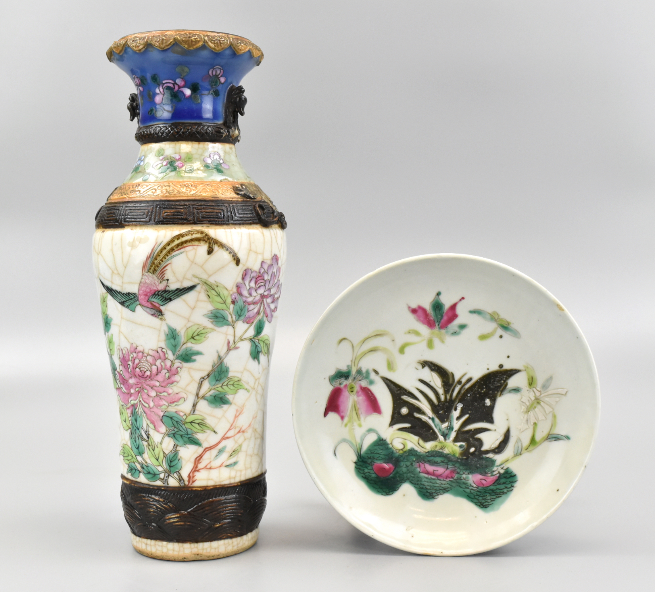 Appraisal: Chinese famille rose th C vase and plate Vase has