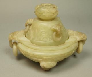 Appraisal: Carved Jade Type Covered Urn with Ring Handles Floral Top