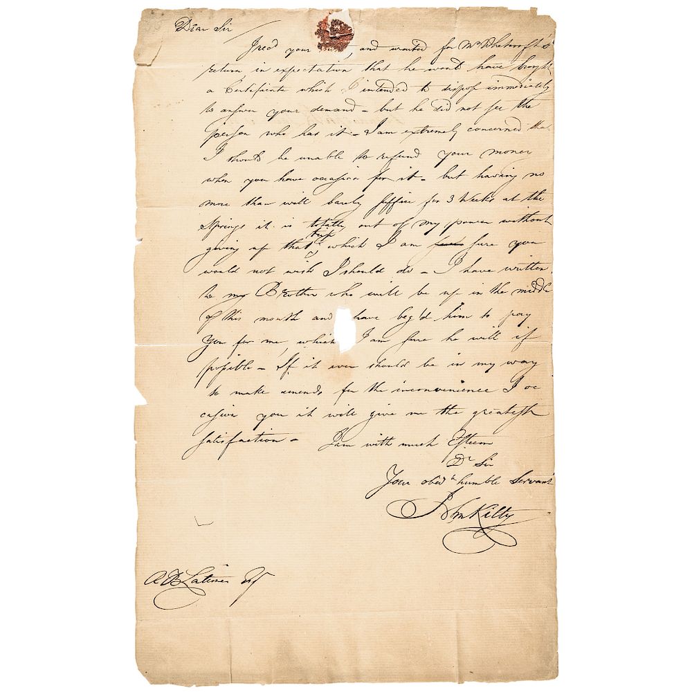 Appraisal: c JOHN KILTY of Maryland Revolutionary War General Autograph Letter