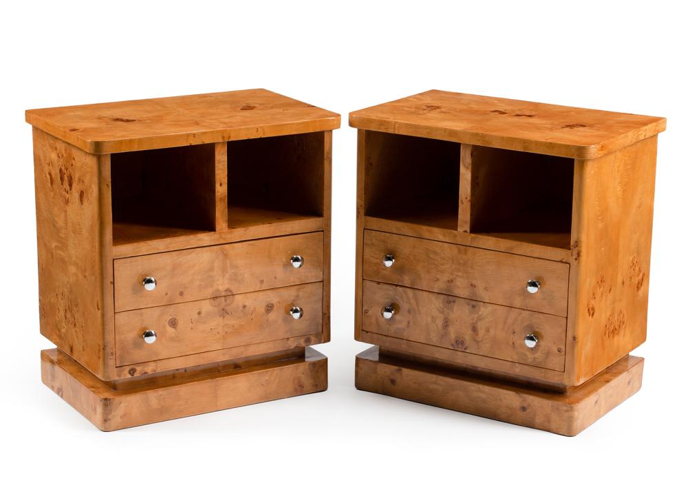 Appraisal: Pair of Art Deco-Style Burlwood Bedside Commodes open compartments over