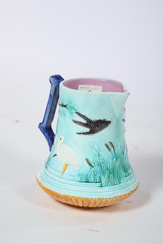 Appraisal: MAJOLICA PITCHER English nd half- th century Turquoise stork with