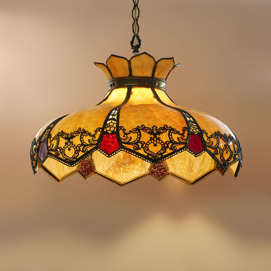 Appraisal: CARAMEL SLAG GLASS BENT PANEL HANGING LAMP double bent caramel