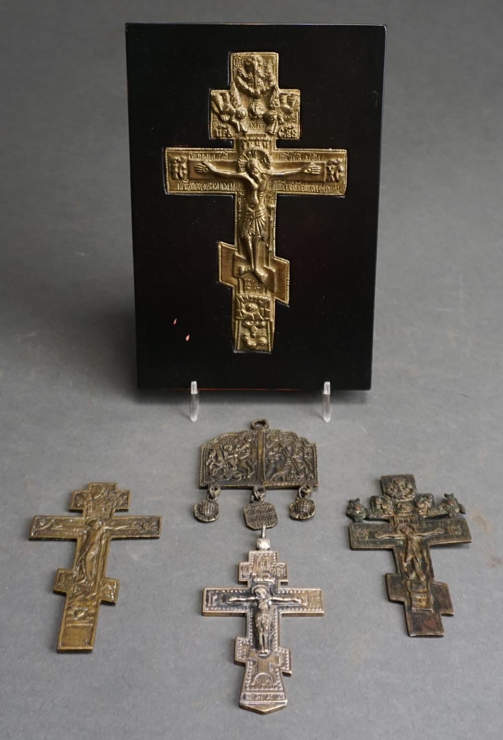 Appraisal: Group of Four Russian Bronze and Silver Plate Crucifixes and