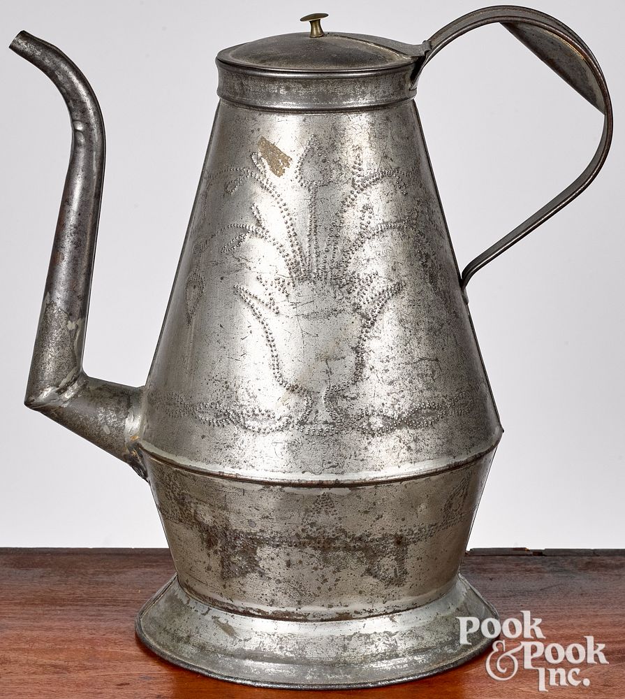 Appraisal: Pennsylvania punched tin wrigglework coffee pot Pennsylvania punched tin wrigglework