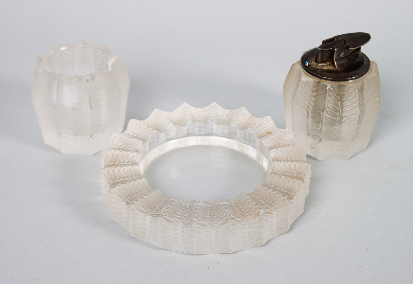 Appraisal: Lalique crystal three-piece smoking set th century fern pattern comprising