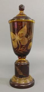 Appraisal: Cranberry Glass Ur Cranberry glass cut to amber covered urn