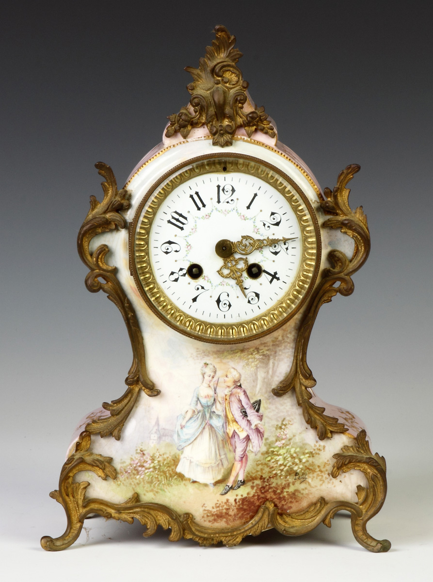 Appraisal: French Porcelain Clock Enameled porcelain dial Brass mounts