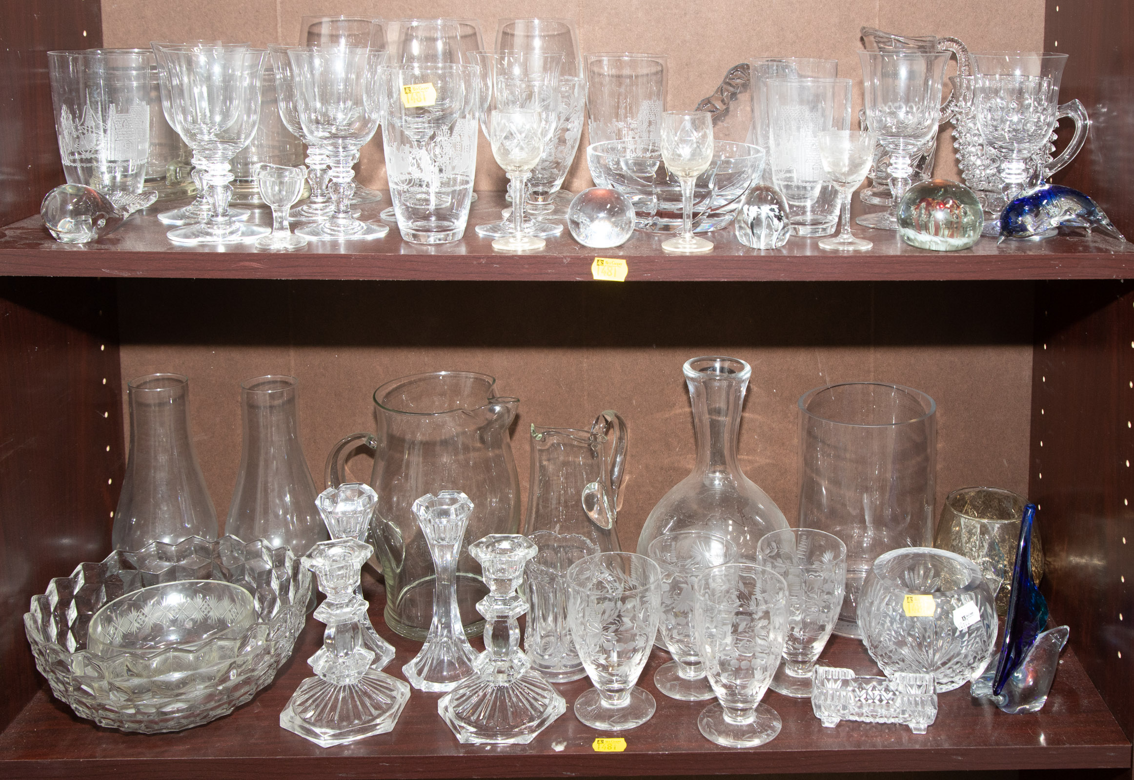 Appraisal: ASSORTED GLASS ITEMS Includes paper weights glass animals etched stemware