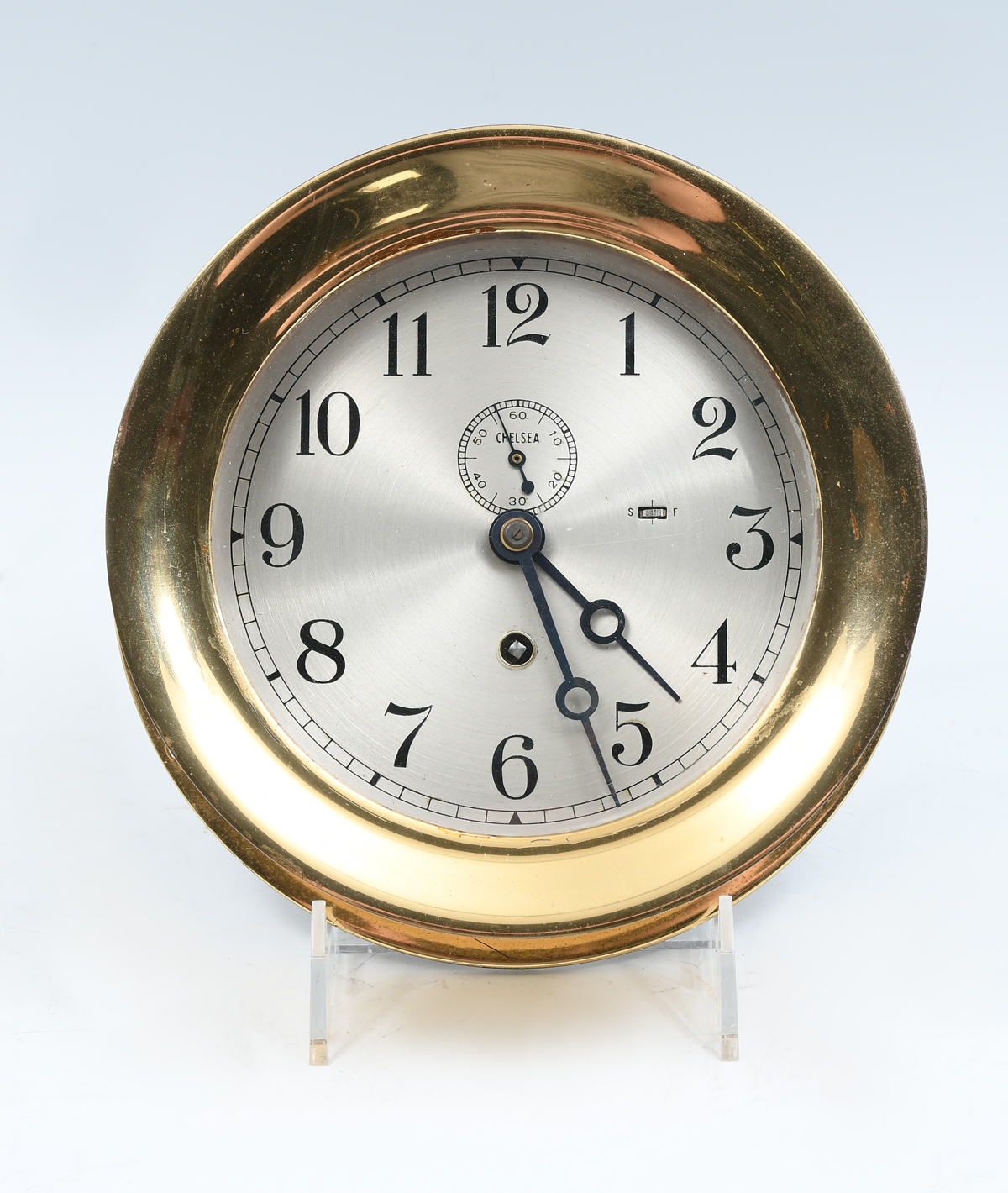 Appraisal: BRASS CHELSEA SHIP'S CLOCK Serial Brass frame with silver metal