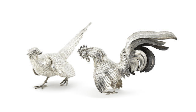 Appraisal: A silver pheasant and cockerel table ornament by Edward Barnard