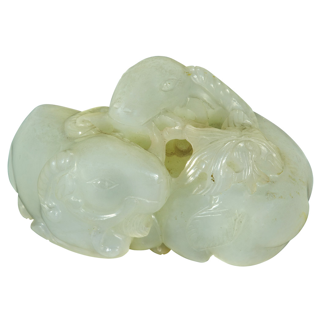 Appraisal: Chinese White Jade Ram Group Late th century Delicately worked