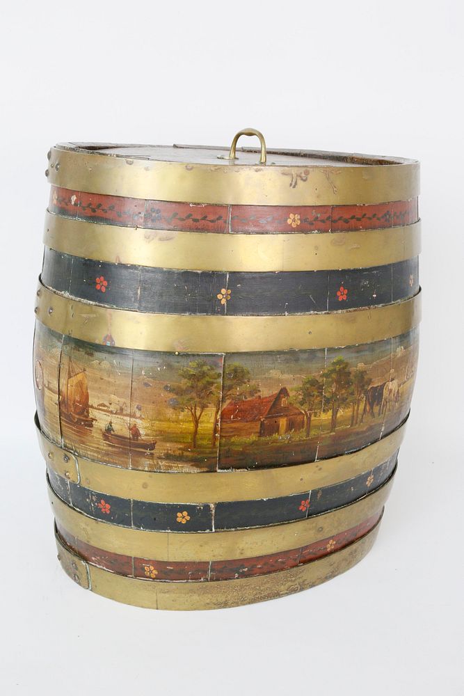 Appraisal: English Decorated Oak Brass Strapped Barrel circa English Decorated Oak