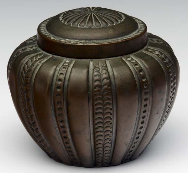 Appraisal: GEORGE KENDRICK Lidded copper box with banded floriform designs Stamped