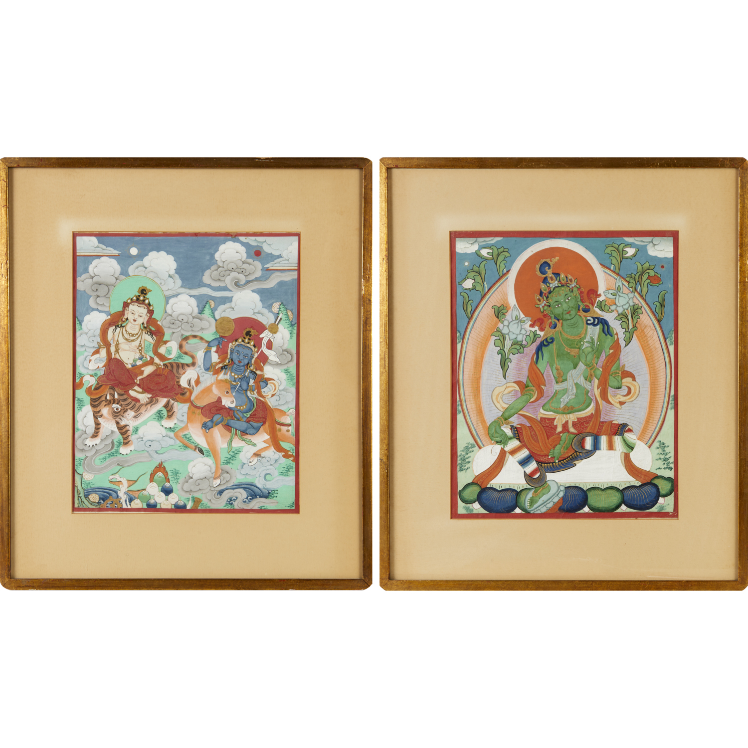 Appraisal: PAIR TIBETAN BUDDHIST THANGKA PAINTINGS th c gouache and gold