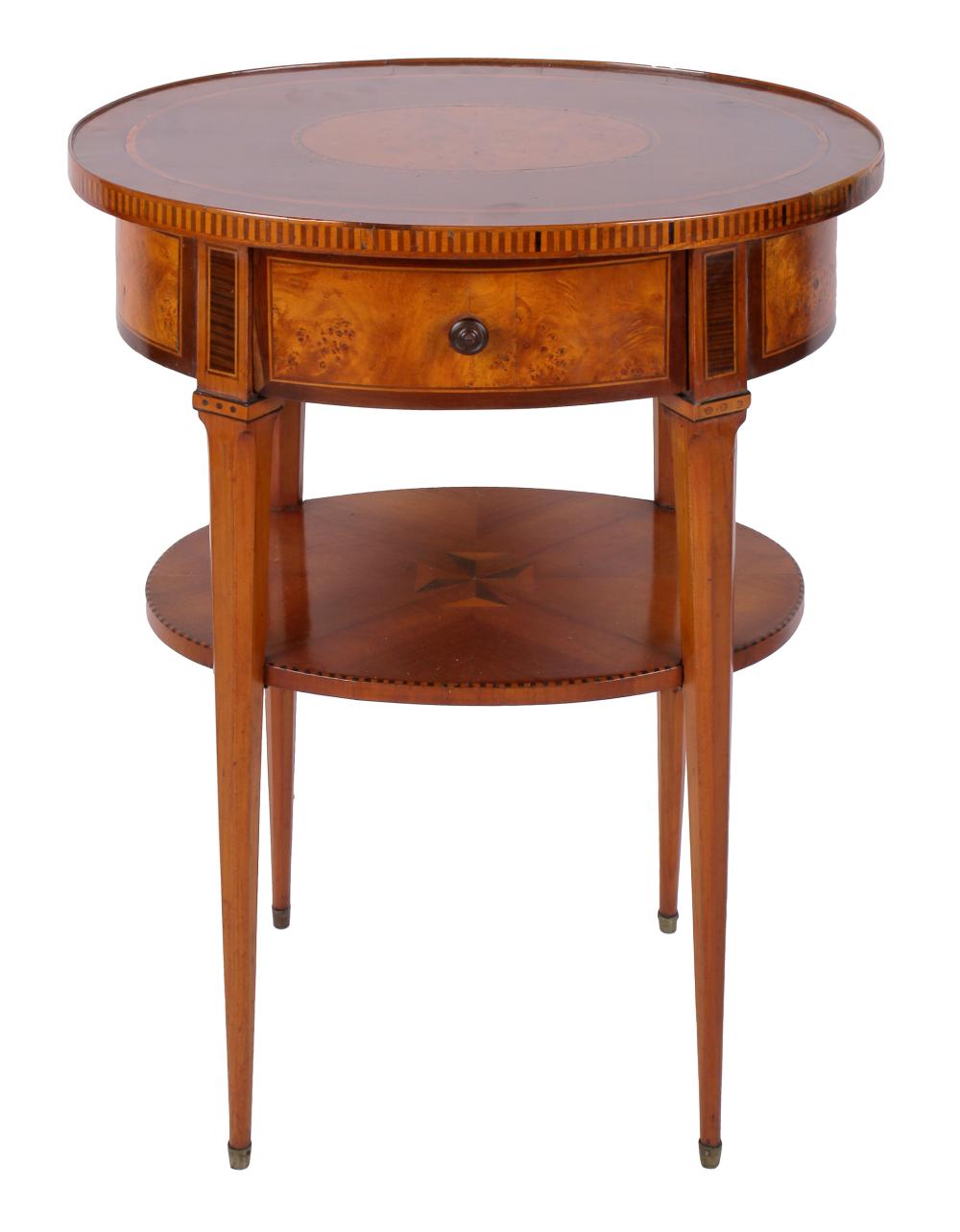 Appraisal: INLAID FRUITWOOD BURL SIDE TABLEthe oval top above a single